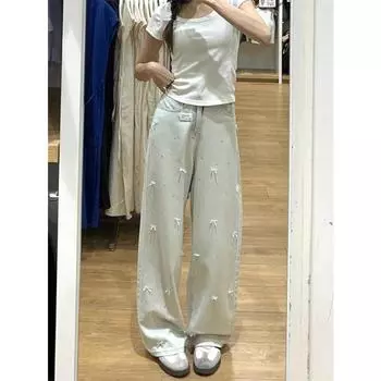 Свободные прямые длинные джинсы со стразами и бантом, женские джинсовые брюки с высокой талией, большие размеры 3XL, летние осенние джинсовые брюки S