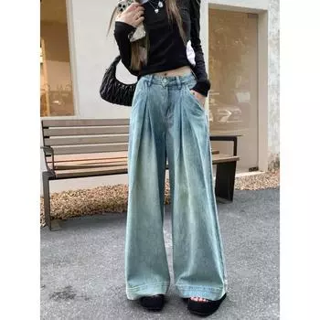 Свободные прямые джинсовые брюки, женские джинсы со складками [винтажная уличная одежда в стиле Харадзюку y2k, мешковатая корейская одежда с широкими штанинами] S синий