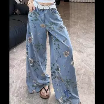 Свободные прямые джинсы с цветочным принтом, женские джинсовые брюки с высокой талией, большие размеры 3XL, летние и осенние джинсовые брюки, модные повседневные широкие мешковатые штанины S синий
