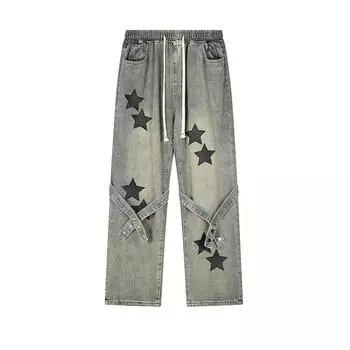 Свободные прямые джинсы с лентой и пуговицами со звездным принтом, брюки-карго с эластичной резинкой на талии, джинсовые брюки-бойфренды, женские брюки y2k, брюки S
