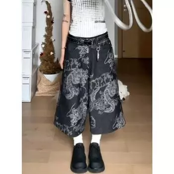 Свободные прямые джинсы с принтом дракона длиной до икры, женские джинсовые брюки с высокой талией, большие размеры, летние мужские уличные джинсовые брюки в стиле Харадзюку S синий