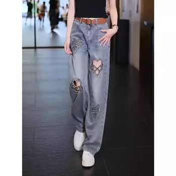 Свободные прямые джинсы с рваными отверстиями, женские джинсовые брюки с высокой талией, большие размеры 3XL, летние синие джинсовые брюки S синий