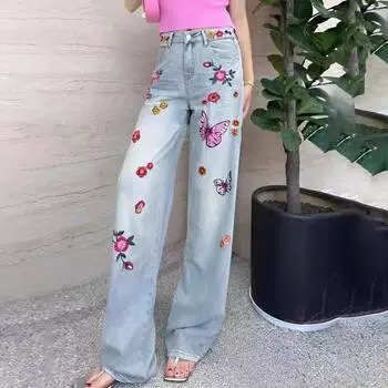 Свободные прямые джинсы с вышивкой бабочкой, женские джинсовые брюки с высокой талией, большие размеры 4XL 3XL, летние осенние джинсовые брюки S