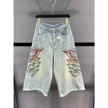 Свободные прямые джинсы с вышивкой длиной до икры, женские джинсовые брюки с высокой талией, большие размеры 3XL, летние осенние джинсовые брюки S синий