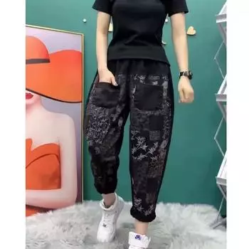 Свободные прямые джинсы-шаровары с вышивкой граффити, женские джинсовые брюки с высокой талией, большие размеры 4XL, летние осенние джинсовые брюки M чёрный