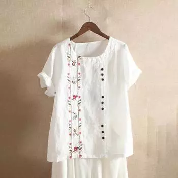 Свободные пуговицы большого размера с принтом, подходят для женской рубашки с рукавами и вышивкой, рубашка с цветочным декором, верхняя уличная одежда L белый