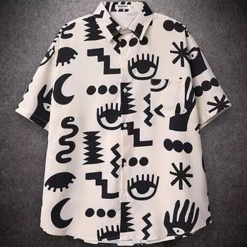Свободные рубашки в стиле ретро с пиктограммой и полным принтом, рубашки с короткими рукавами, летние мужские свободные рубашки, повседневная уличная одежда для мужчин S абрикосовый