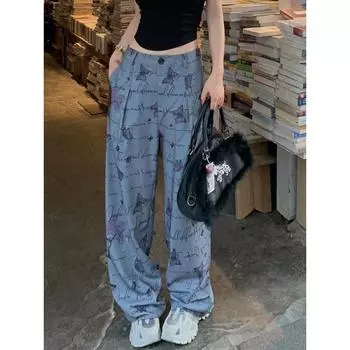 Свободные широкие брюки с высокой талией и буквенным принтом в виде бабочки, прямые длинные брюки 2023 y2k, летние брюки в стиле Харадзюку, модная повседневная уличная одежда S синий