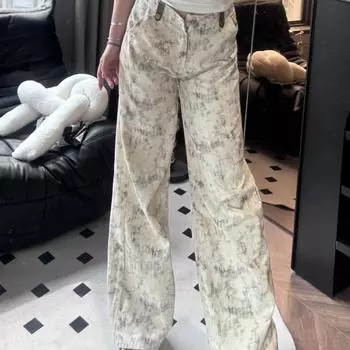Свободные широкие брюки в стиле ретро с принтом тай-дай для женщин, осенние прямые повседневные брюки с высокой талией, элегантные модные женские брюки 25109 S