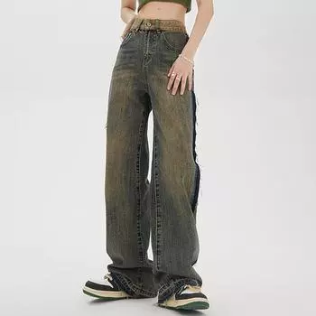 Свободные широкие джинсы с кисточками и каймой для женщин Осенний дизайн Швабрирование Европейские и американские ретро-брюки L верблюд