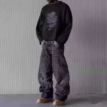 Свободные широкие джинсы в стиле американское ретро-кантри в стиле американское ретро с тремя дырками в стиле хип-хоп XXL чёрный