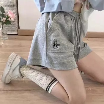 Свободные шорты с вышитым изображением кролика и высокой талией, однотонные универсальные брюки длиной пять четвертей, широкие повседневные спортивные шорты S серый