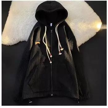 Свободные толстовки на молнии с карманом, винтажные толстовки с капюшоном на молнии, женская уличная одежда, кардиган с длинными рукавами, y2k, тканевый женский верх M чёрный