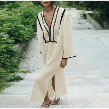 Свободные трикотажные лоскутные длинные платья для женщин, элегантное платье с V-образным вырезом и длинными рукавами, оборками, разрезное платье, осеннее женское повседневное праздничное платье XS белый