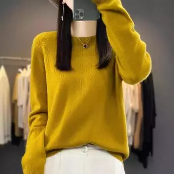 Свободные трикотажные топы, однотонные шерстяные свитера на осень и зиму, женские теплые свитера с ажурной окантовкой, готовые модели с круглым вырезом. M