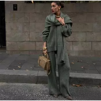 Свободные трикотажные женские комплекты с V-образным вырезом, длинным рукавом, шарфом, пуловером, длинными брюками, трикотажный женский костюм, осенне-зимние повседневные женские костюмы S зелёный