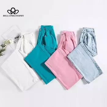 Свободные удобные джинсы с высокой талией для женщин, модные повседневные прямые брюки больших размеров, джинсы для мам, потертые джинсы-бойфренды S синий