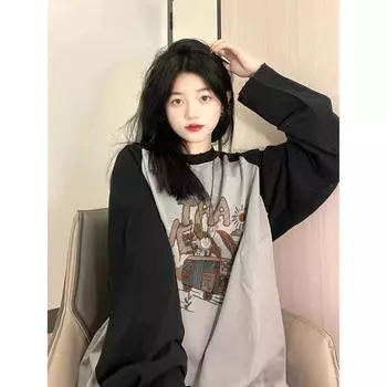 Свободные уличные футболки с круглым вырезом и круглым вырезом, женская футболка контрастного цвета, простые повседневные футболки с шикарным принтом, модные женские футболки M чёрный