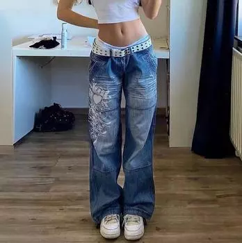 Свободные женские джинсовые брюки с низкой посадкой S синий