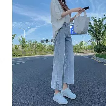 Свободные женские джинсы с высокой талией и разрезом, широкие джинсовые брюки 27 синий