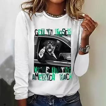 Свободные женские футболки с забавным принтом собаки, модные уличные футболки с длинными рукавами, топы, осенняя хлопковая женская одежда, повседневный свободный пуловер S