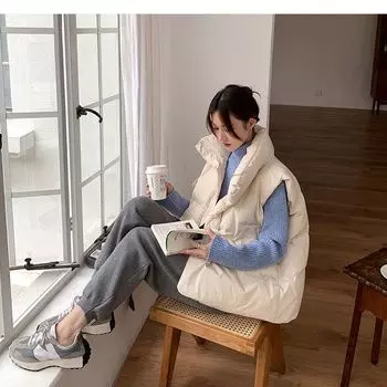 Свободные женские куртки без рукавов, однотонный женский зимний жилет с отложным воротником, корейский стиль, большой жилет для женщин M бежевый