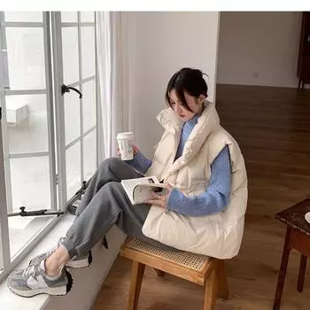 Свободные женские куртки без рукавов, однотонный женский зимний жилет с отложным воротником, корейский стиль, большой жилет для женщин M бежевый