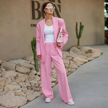 Свободный блейзер с подплечниками и брюками с высокой талией, женский розовый костюм из двух частей для поездок на работу, пиджак с лацканами, прямые брюки, модная профессиональная одежда S розовый