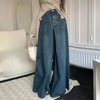 Свободный дизайн, джинсы с высокой талией в стиле ретро, женские модели для похудения и свисания, широкие брюки для мытья полов L синий