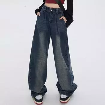 Свободный дизайн, джинсы с высокой талией в стиле ретро, женские модели для похудения и свисания, широкие брюки для мытья полов L темно-синий