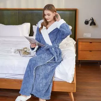 Свободный длинный толстый банный халат с капюшоном, зимний толстый женский банный халат, фланелевый махровый теплый удобный халат для сна для женщин XL синий