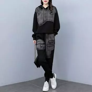 Свободный джинсовый костюм большого размера, женский джинсовый женский топ из двух частей с длинными рукавами 4XL чёрный