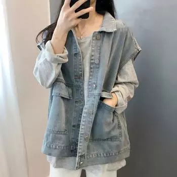 Свободный джинсовый жилет для женщин больших размеров, весенне-осенняя джинсовая куртка в корейском стиле с дизайном рабочей одежды S синий
