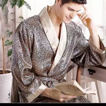 Свободный халат с v-образным вырезом, одежда для сна, весеннее мужское атласное кимоно для отдыха, ночная рубашка, халат, ночная рубашка, мужское платье с принтом, Золотая домашняя одежда M