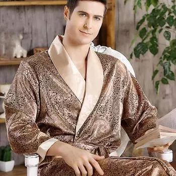Свободный халат с v-образным вырезом, одежда для сна, весеннее мужское атласное кимоно для отдыха, ночная рубашка, халат, ночная рубашка, мужское платье с принтом, Золотая домашняя одежда M