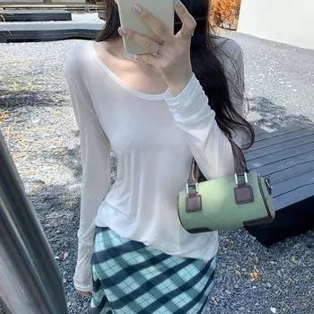 Свободный и ленивый стиль, тонкая блузка с длинными рукавами из ледяного шелка, солнцезащитная футболка для женщин, начало осени, новый, приятный для кожи, темперамент, внутренний топ S