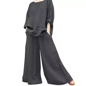 Свободный и удобный женский костюм-двойка на весну и лето, состоящий из блузки с девятью углами и широких брюк с карманами. L