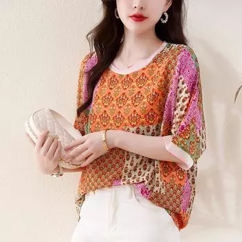 Свободный и удобный женский летний топ с принтом больших размеров, дышащий и утягивающий M