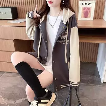 Свободный кардиган с капюшоном, тонкая толстовка, куртка, весна и осень, новая бейсбольная форма, топ для женщин M зелёный