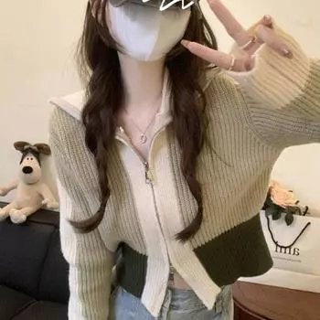 Свободный кардиган, свитер, весенне-осенний дизайн, небольшой вязаный кардиган с длинными рукавами, короткая ниша, уникальный топ, женский свитер One Size зелёный