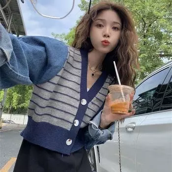 Свободный кардиган, свитер, вязаный топ с лоскутным джинсовым свитером, кардиган для женщин, осенне-зимний женский свитер с длинными рукавами One Size серый