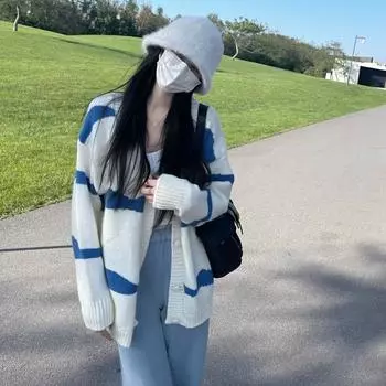 Свободный кардиган-свитер женский, ранняя осень 2022, новый элитный кардиган, полосатый кардиган с длинными рукавами и круглым вырезом, топ-кардиган