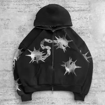 Свободный кардиган-топ с капюшоном в стиле хип-хоп и стразами для мужчин и женщин 2019 года S чёрный