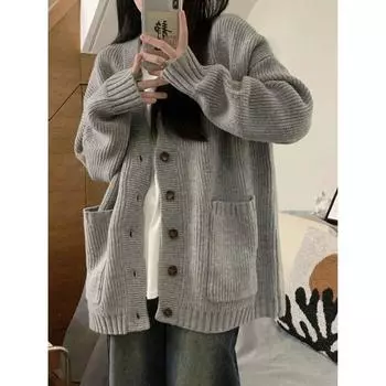 Свободный кардиган в стиле ретро, женский низ, нежный, мягкий, восковой, высококачественный, с длинными рукавами и v-образным вырезом, вязаный женский кардиган One Size серый