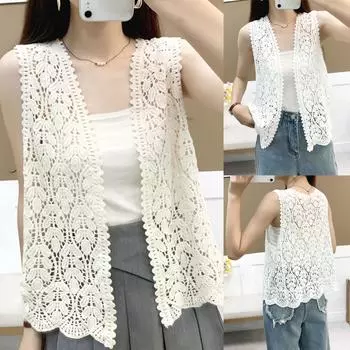 Свободный кардиган-жилет крючком One Size бежевый