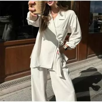 Свободный комплект из хлопкового льна, женская рубашка на шнуровке, широкие брюки с высокой талией, комплект из 2 предметов, повседневный костюм большого размера для поездок на работу, новая мода L белый