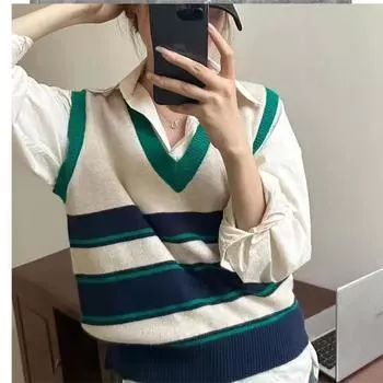 Свободный контрастный полосатый трикотажный жилет с V-образным вырезом, новый весенне-осенний тонкий свитер без рукавов в студенческом стиле, женский тренд One Size серый