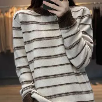 Свободный корейский полосатый свитер, пуловер, осень-зима 2022, вязаное базовое пальто с круглым вырезом для женщин, свитер, пуловер, топы