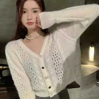 Свободный короткий вязаный кардиган с v-образным вырезом, женский ажурный шикарный ранний осенний топ с длинными рукавами для свитера, женский кардиган