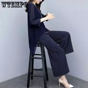 Свободный костюм большого размера, закрывающий живот для похудения, рубашка из двух предметов с круглым вырезом, свободные повседневные широкие брюки, женский свободный шифоновый костюм для похудения XXXL